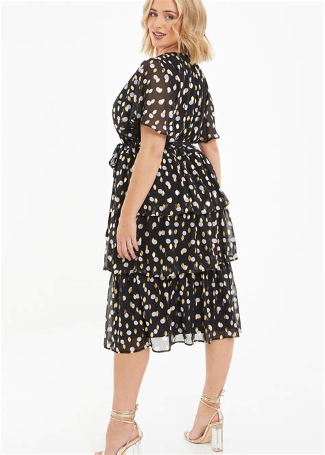 Quiz Black Curve Polka Dot Foil Wrap Midi Dress Matalan