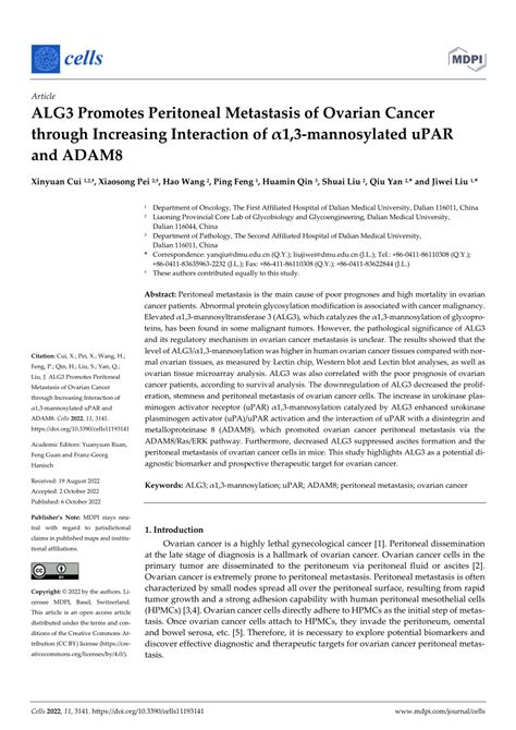 Pdf Alg Promotes Peritoneal Metastasis Of Ovarian Cancer Through