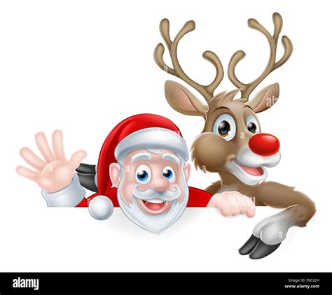 Christmas Illustration Of Cartoon Santa And Reindeer Peeking Above Sign Waving And Pointing