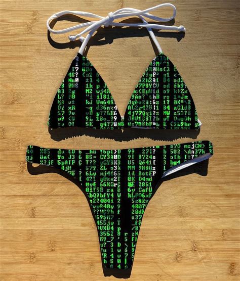 Swimwear Bikini Piece Set Matrix Pattern Thong Cheeky Or Full Coverage Triangle String Tie Top