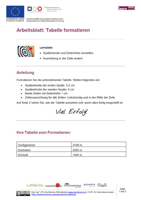 Arbeitsblatt Tabelle Formatieren Basisbildung Und Alphabetisierung