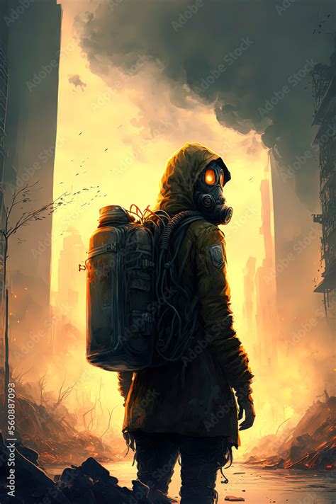 survivor wearing a gasmask and home made survival suit patrolling the street of an abandoned ...