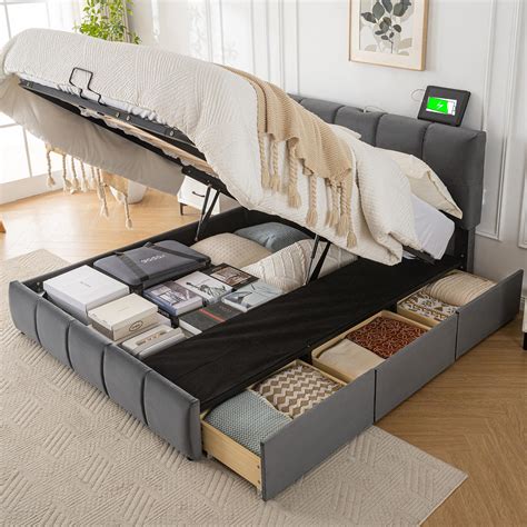 Cama de arrumação 140 x 200 cm com cabeceira ajustável e 3 gavetas
