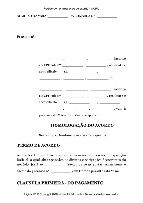 Modelo Pedido de homologação de acordo NCPC