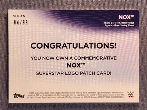 Topps Wwe Women S Superstar Logo Relics Slp Tn Tegan Nox Patch