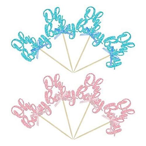 Gyufise Pcs Oh Baby Cupcake Toppers Pink Blue Bow Glitter Baby Shower