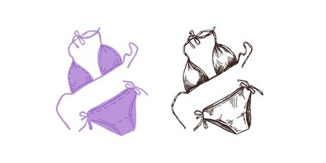 Hand Drawn Colored And Monochrome Sketch Of Woman Swimsuit Bikini Summer Accessory Isolated On