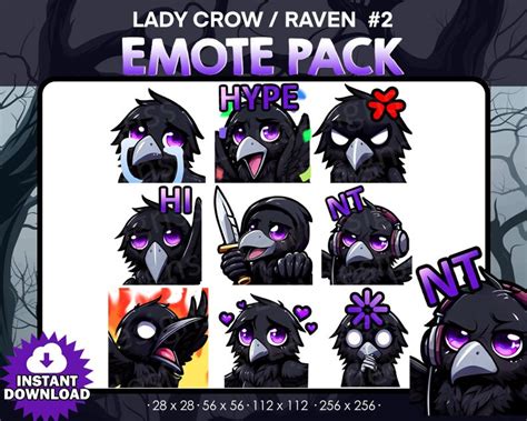 9 Lady Raven Crow Emotes Bundle Pack Twitch Youtube Discord Killers Spooky Scary Twitch