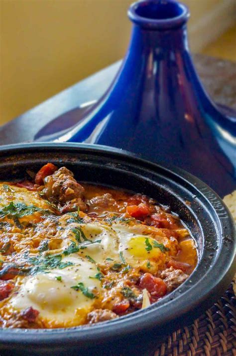 Kefta Mkaouara Or Moroccan Meatball Tomato And Egg Tagine In A Blue