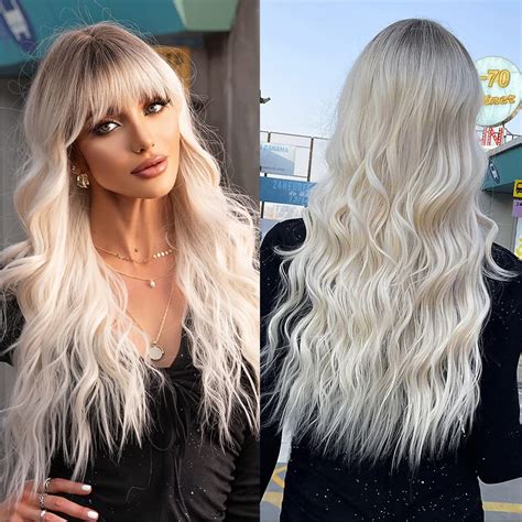 Amazon Lovetime Long Light Blonde Platinum Wigs For Women Wavy Synthetic Wig With Bangs