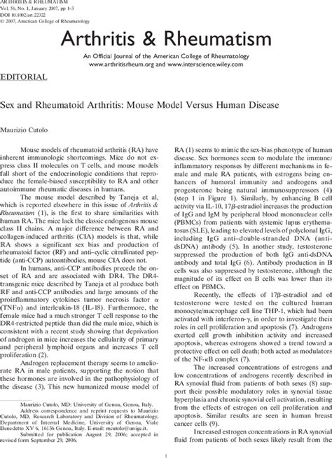 Sex And Rheumatoid Arthritis Mouse Model Versus Human Disease Cutolo 2007 Arthritis