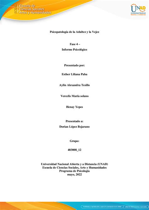 Fase 4 Informe Psicológico Psicopatología de la Adultez y la Vejez