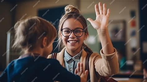Professora Dando Pro Aluno - Uma professora de escola primária feliz dando um highfive ao seu aluno ...