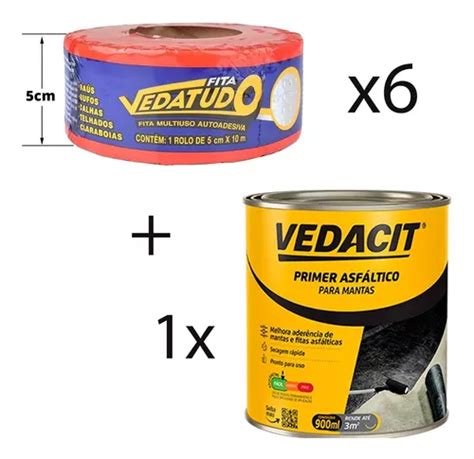 Kit 6 Manta Asfáltica Adesiva 5cmx10m Primer Vedacit 900ml