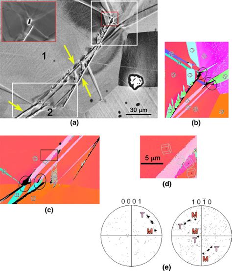 a) Yellow arrows identify T2 twins in Grains 1 and 2. At the upper end ...