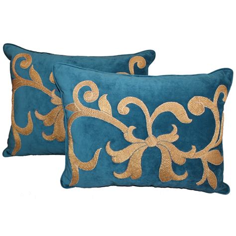 Pair of Dark Teal Velvet Appliqued Gold Metallic Pillows For Sale at ...