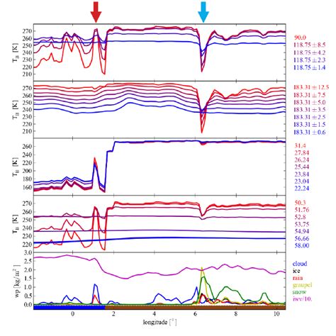 Integrated hydrometeor contents (bottom row) and simulated brightness ...