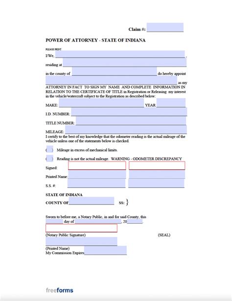 Free Indiana Motor Vehicle Power Of Attorney Form PDF