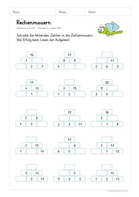 Rechenmauern MaterialGuru Arbeitsblätter für schulanfänger Mathe