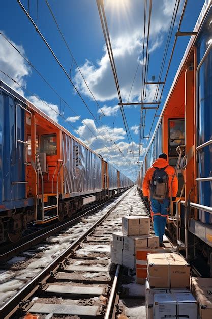 Tren de mercancías en las vías Palets con mercancías en el andén Un