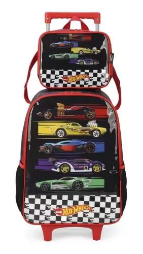Mochila De Rodinhas E Lancheira Hot Wheels Preto Luxcel Kit Parcelamento Sem Juros