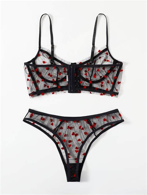 Plus Heart Print Mesh Underwire Lingerie Set For Sale Australia New Collection Online Shein