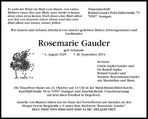 Traueranzeigen Von Rosemarie Gauder Stuttgart Gedenkt De