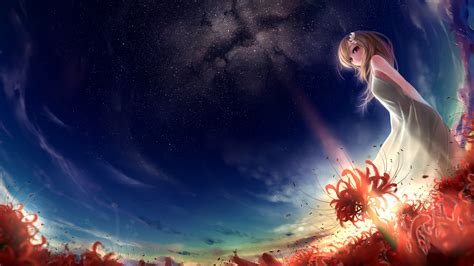 Anime Flowers Red Stars Anime Girls Red Flowers Sky Plants Blue