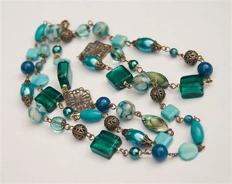 Handmade Long Teal Necklace Teal Beaded Necklace Teal