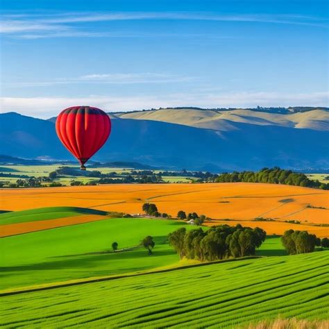 Premium Ai Image A Hot Air Balloon Flying Over A Landscape With