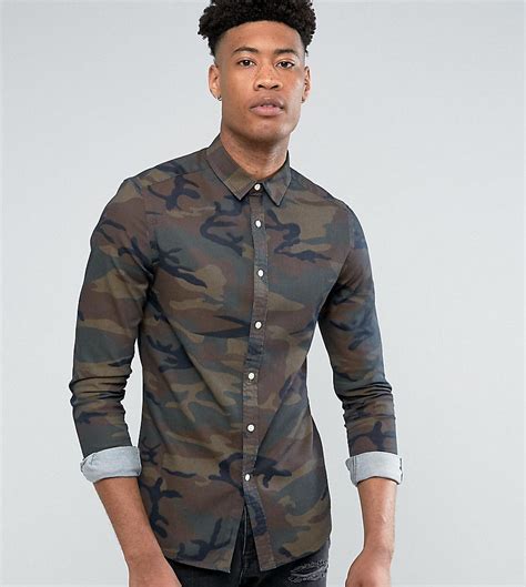 Asos Tall Skinny Denim Shirt In Camo Print Brown Denim Shirt Men