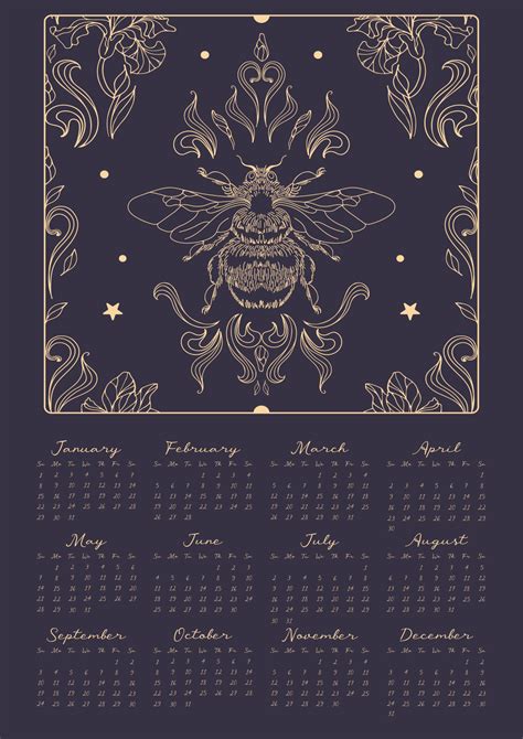 Golden bumblebee, stars and leaves on a dark background, vintage style