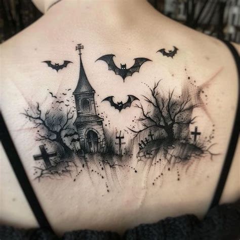 Spooky night tattoo with bats flying over cemetery in 2025 | Halloween ...