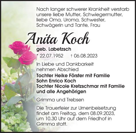 Traueranzeigen Von Anita Koch Trauer Anzeigen De