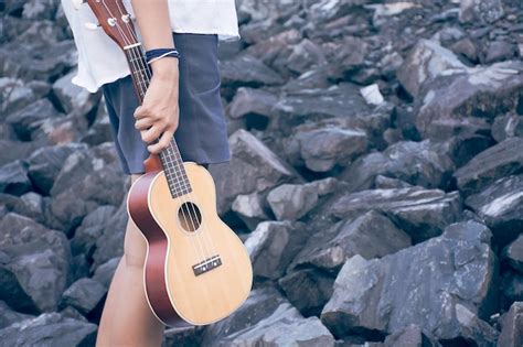 Premium Photo Midsection Of Man Holding Guitar On Rocks