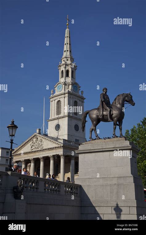 Statue of King George 1V in Trafalgar Square London, with St Martins in the Field Stock Photo ...