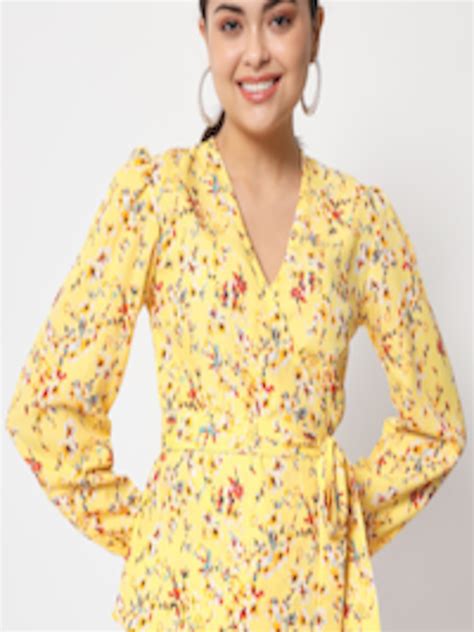 Buy Womenster Woman Mustard Yellow Floral Print Crepe Wrap Top Tops