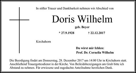 Traueranzeigen Von Doris Wilhelm Nordbayerischer Kurier