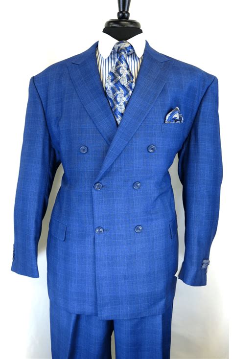 Vinci Drw 1 Double Breasted Classic 6 X 2 Button Blue Suit With Glen Plaid Fabric Peak Lapels