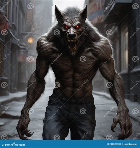 A Werewolf Walking through the Streets, Shot Body Photo, Creepy