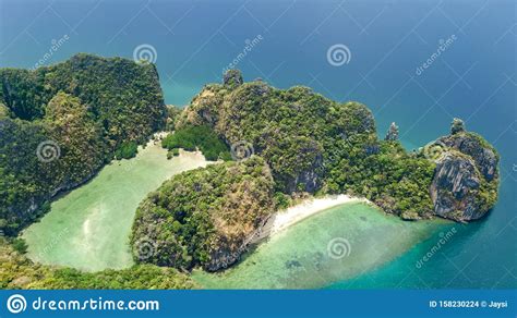 Aerial Drone View Of Tropical Islands Beaches And Boats In Blue Clear