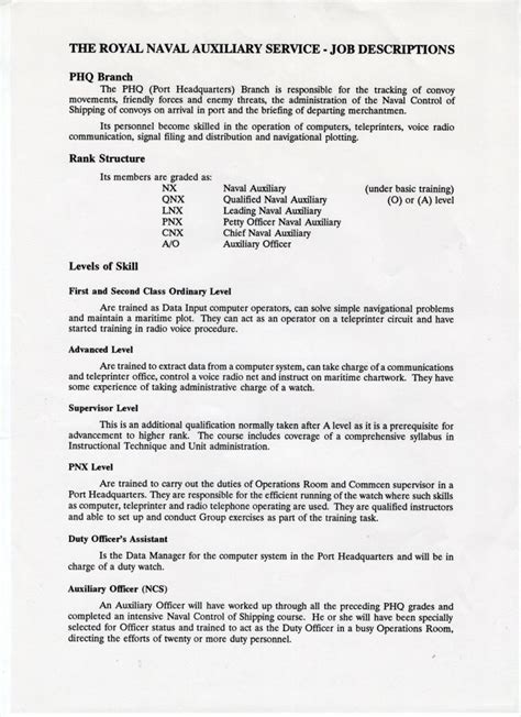 Royal Navy Auxiliary Service Job Description Levels 1985 Edinburgh