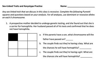 Sex Linked Traits Punnett Square And Karyotype Practice Worksheet