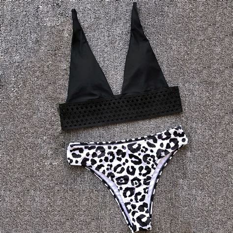 Leopard Badeanz Ge Tiefe V Bademode Frauen Hohl Bikini Schwarz