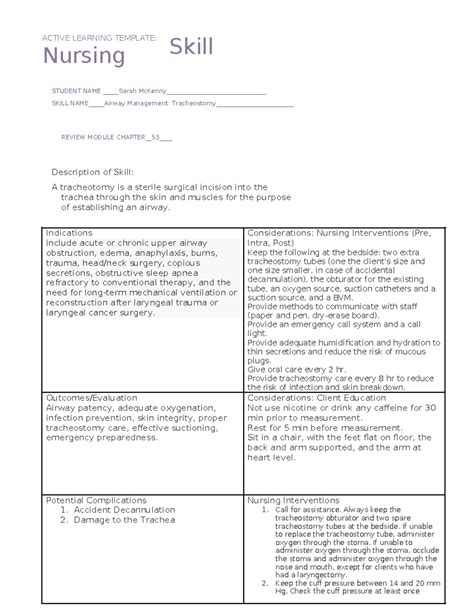 Nursing Skill Tracheostomy Care ACTIVE LEARNING TEMPLATE Nursing