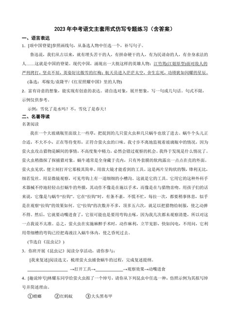 2023年中考语文主套用式仿写专题练习（含答案） 21世纪教育网