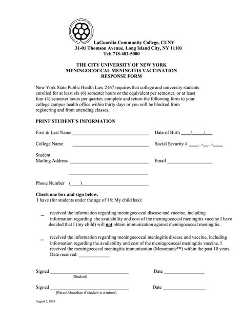 Meningitis Form For College Brooklyn Ny Fill Online Printable