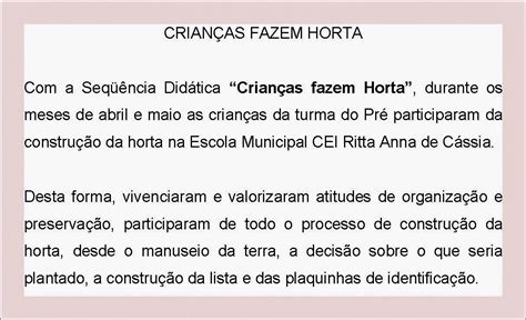 Cei Ritta Anna De Cássia - Educação Infantil NRECJ: HORTA - EM CEI RITTA ANNA DE CÁSSIA