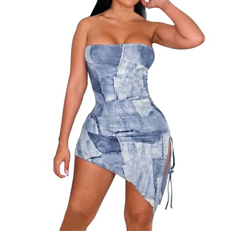 Women S Dress Sexy Slit Tube Top Imitation Denim Print Dress Shirring