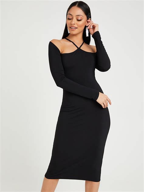 Buy Styli Black Long Sleeves Halter Neck Bodycon Midi Dress Dresses